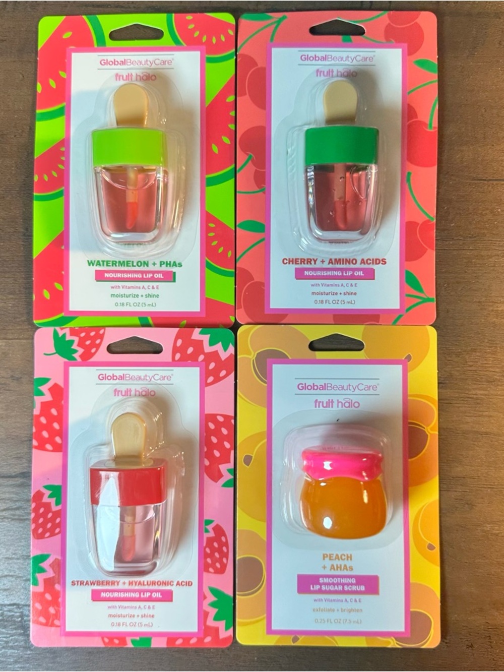 Global Beauty Care Lip Halo Nourishing Lip Oil 3 Flavors& Peach Lip Sugar Scrub